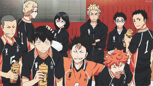 A group shot of Karasuno. Nishinoya is in the foreground, ruffling Kageyama and Hinata's hair.