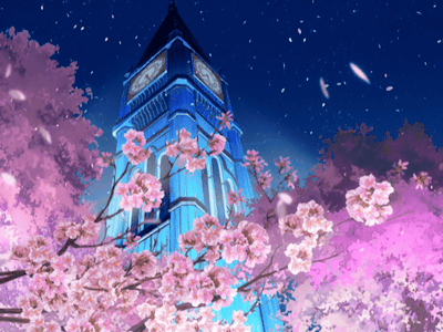 In the background, Ouran Academy at night. In the foreground, cherry blossom trees and falling cherry blossom petals.